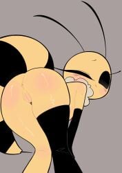 1girl ass_focus bee bee_girl big big_ass big_breasts black_skin cute hss_dada looking_at_viewer looking_back nsfw nude oc original original_character pussy simple_background solo yellow_skin