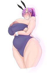 big_breasts blush bunny_ears bunny_tail bunnysuit huge_breasts mature mature_female milf muruchi- partially_visible_nipples patchouli_knowledge purple_hair touhou white_background