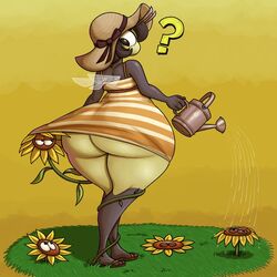 1:1 antennae anthro bee bee_girl big_ass black_hair bottom_heavy clothed dress_lift female flip_flops huge_ass insect_girl insect_wings insects karri looking_back no_underwear question_mark sandals simple_background striped_clothing sunflower sunhat vendant watering_can wide_hips