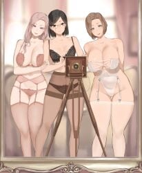 3girls arms_behind_back ass_visible_through_thighs bare_shoulders black_bra black_eyes black_hair black_panties blue_eyes bra breasts brown_hair camera cg cleavage collarbone female garter_belt garter_straps glasses holding_camera indoors large_breasts lingerie long_hair looking_at_viewer mature_female multiple_females multiple_girls navel panties pantyhose purple_eyes short_hair smile standing thighhighs throtem underwear underwear_only white_thighhighs