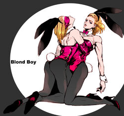 2boys ass blonde_hair blue_eyes bodysuit bubble_butt bunny_boy bunny_ears bunny_tail bunnysuit crossdressing facing_away facing_viewer femboy gay head_back high_heels hugging jojo's_bizarre_adventure leotard looking_at_viewer male_only mask melone on_floor on_knees pantyhose playboy_bunny prosciutto thick_ass thong_leotard toned toned_male tooth_gap trap vento_aureo yaoi