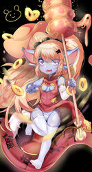 2020 absurdres asian_clothing ass_visible_through_thighs blonde_hair blush breasts cameltoe china_dress chinese_clothes east_asian_clothing female highres humanoid league_of_legends long_hair looking_at_viewer open_mouth poppy riot_games smile solo thighhighs user_cpsf8285 yordle