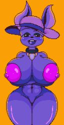 2024 anthro areola big_breasts biped breasts choker clothing digital_media_(artwork) eyebrows eyelashes female front_view genitals hat headgear headwear huge_breasts jewelry lagomorph leporid looking_at_viewer mammal monotone_body mostly_nude mostly_nude_anthro mostly_nude_female narrowed_eyes navel necklace nipples open_mouth open_smile orange_background pixel_(artwork) portrait purple_body purple_ears qc_(undertale) rabbit rabbit_shopkeeper rabbit_shopkeeper_(undertale) simple_background smile solo teeth the_absolute thick_thighs three-quarter_portrait undertale_(series) vulva wide_hips