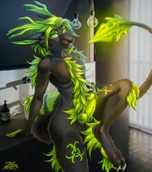 2020 anthro balls black_body black_fur black_nose detailed_background digital_media_(artwork) fur genitals green_eyes green_hair hair hi_res hybrid knot looking_at_viewer male male_only penis sitting smile solo tril-mizzrim