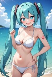 1girls 2026 2d 2d_(artwork) :d :d_smile accessory ai ai-created ai_art ai_generated anime aqua_eyes aqua_hair average_boobs average_breasts background_sky bangs bangs_between_eyes bare_arms bare_hands bare_navel bare_shoulders bare_stomach beach beach_background belly_button bikini bikini_bottom black_hair_ornament blue_eyes blue_hair breasts clenched_hand clouds crypton_future_media cube_hair_ornament eyebrows eyelashes eyes female female_focus female_only front_view girl girl_only hair hair_ornament hair_strand hair_strands hand_on_hip hatsune_miku human human_only miku_hatsune navel no_areola no_areolae no_genitals no_genitals_shown not_porn open_eyes open_mouth pose posing sea seaside sky string_bikini string_bikini_bottom string_panties swimwear tattoo tattoo_on_shoulder twintails twintails_(hairstyle) vocaloid vocaloid_2 vocaloid_3 vocaloid_4 vocaloid_6 white_bikini