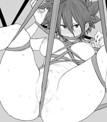 blush bondage bondage bound breasts female fingernails grey_background greyscale hair_between_eyes highres looking_at_viewer monochrome navel nipples original pussy pussy_juice saliva sharp_teeth short_hair simple_background solo survival_yaiba sweat tearing_up teeth