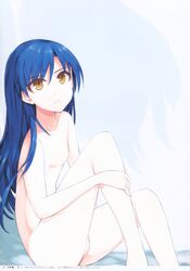 a_sterisk absurdres bangs blue_hair breasts brown_eyes closed_mouth collarbone eyebrows_visible_through_hair female frown hair_between_eyes highres idolmaster idolmaster_(classic) kisaragi_chihaya long_hair looking_up nipples nude page_11 page_number scan shiny shiny_hair sitting small_breasts solo straight_hair very_long_hair