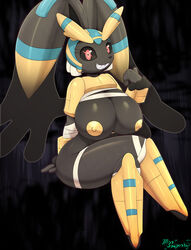 absurd_res big_breasts black_body black_fur black_sclera breasts cofagrigus exposed_breasts fusion ghost highres huge_breasts large_breasts long_ears looking_at_viewer lopunny miso_souperstar multicolored_body multicolored_fur nintendo nipples pokémon_(species) pokefusion pokemon pokemon_(species) red_eyes red_pupils sharp_teeth smile thick_thighs video_games watermark wide_hips