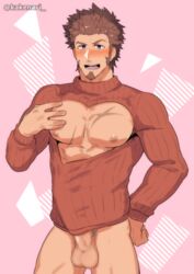 1boy abs bara beard blue_eyes blush brown_hair censored chest cleavage_cutout erection erection_under_clothes facial_hair fate/grand_order fate_(series) goatee kakenari long_sleeves looking_at_viewer male_focus male_only mosaic_censoring muscle naked_sweater napoleon_bonaparte_(fate) nipples pectorals scar sideburns simple_background smile solo sweater testicles