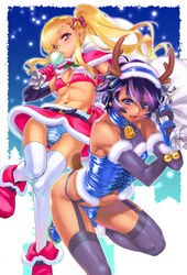 2boys balls_in_panties bare_shoulders bare_thighs bell bell_collar belt blonde_hair blue_eyes boots bra brown_eyes bubblegum bulge christmas christmas_outfit collar corset crossdressing dark_skin duo elbow_gloves fur_trim garter_straps gloves hair_ornament inoue_shin_alim legwear lingerie long_hair looking_at_viewer male male_only midriff navel o-ring_top penis_in_panties ponytail purple_hair reindeer_antlers rika_(shiroo) shiroo shoes short_hair skirt smile testicles_in_panties thighhighs tied_hair trap underwear