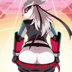 1girls ai_generated anus ass asshole cyborg digimon digimon_(species) female furry long_hair mask pulling_down_pants pussy rear red_eyes revealing solo view white_fur white_hair wolvermon