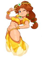 1girls absurdres adapted_costume arabian_clothes arm_up big_breasts blue_eyes bracelet breasts brown_hair busty clothing_cutout commentary crop_top cropped_legs earrings english_commentary female flower_earrings gem green_gem grin hair_ornament hand_on_hip harem_outfit harem_pants highres hip_vent human human_only jewelry large_breasts long_hair looking_at_viewer mammal mario_(series) mario_kart mario_kart_world mature mature_female midriff mineru128127 navel nintendo official_alternate_costume one_eye_closed pants pose posing princess princess_daisy princess_daisy_(oasis) puffy_short_sleeves puffy_sleeves royalty shirt short_sleeves simple_background smile solo solo_female solo_focus stomach toned toned_female v v_sign voluptuous wink winking winking_at_viewer