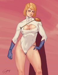 aroused blonde_hair cameltoe cleavage clothed costume dc dc_comics female kara_zor-l karen_starr lactation large_breasts pinup power_girl pussy_juice short_hair smile smiling smiling_at_viewer superman_(series) syrupsart