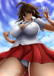 big_breasts brown_eyes brown_hair danganronpa danganronpa_2:_goodbye_despair marmewa owari_akane skirt smooth_skin sweat tagme tan_skin unbuttoned_shirt upskirt white_panties