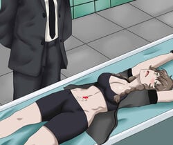 abs agent_smith amane_suzuha arms_up blood bondage brown_hair bug_(the_matrix) green_eyes kas-min lying lying_on_back male medium_breasts navel navel_penetration open_shirt peril probe restrained short_hair shorts simple_background spats sports_bra steins;gate suit suit_jacket the_matrix twin_braids