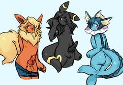 anthro ass bandage bandage_on_nose chest_tuft clothed clothing eeveelution erection fawnsdraws fin flareon forked_tail frill_(anatomy) group hair hair_over_eye head_fin knot male male_only neck_frill nintendo nipples one_eye_obstructed pants_down partially_clothed pokémon_(species) pokemon pokemon_(species) pokemon_gsc pokemon_rgby tuft umbreon vaporeon video_games