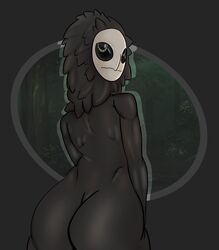 anthro avian black_hair black_skin color dark_skin kosa kosa looking_back naked original_character owl presenting_hindquarters smile squatting