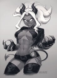 1girls abs big_breasts breasts chains cleavage collar demon demon_girl demon_tail female female_only helltaker iahfy judgement_(helltaker) looking_at_viewer monochrome open_clothes smile solo stockings tail