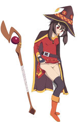 bandages female kono_subarashii_sekai_ni_shukufuku_wo! legs_together lifting_leg lifting_skirt megumin pussy socks staff witch witch_hat