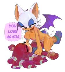 1boy 1girls areolae bat_ears bat_wings big_breasts blue_eyes blushing bouncing_breasts closed_eyes cum cum_in_pussy dialogue english_text eyes_closed fan_character female_on_top femdom gritted_teeth lidded_eyes malesub membranous_wings motion_lines nude_female oerba_yun_fang original_character pinklilim pinned_down red_fur rouge_the_bat sharp_teeth sonic_(series) sonic_oc sonic_the_hedgehog_(series) sweat thrusting variant white_background white_hair you_lose