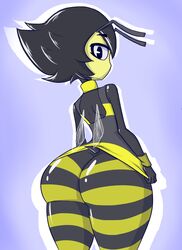 antennae anthro bee bee_girl big_ass black_hair clothed female female female_only huge_ass insect_girl insect_wings insects karri looking_at_viewer looking_back original_character presenting_hindquarters shiny_legwear simple_background skin_tight small_waist solo solo_female stinger striped_clothing striped_legwear sultry_eyes thick_thighs vendant wide_hips