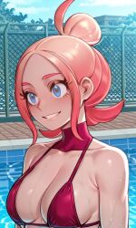 1girls absurdres ai_generated armpit_peek bikini bikini_bottom bikini_top blonde_hair blue_eyes breasts cowboy_shot crop_top cropped_shirt female game_freak gradient_hair groin hair_bun highres large_breasts looking_at_viewer medium_breasts midriff multicolored_hair navel nintendo open_mouth parted_bangs partial_commentary pink_hair pokemon pokemon_legends:_z-a pool poolside rcos sidelocks sling_bikini slingshot_swimsuit smile solo standing string_bikini taunie_(pokemon) townie_(pokemon)