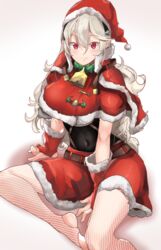 1girls bell belt christmas closed_mouth corrin_(fire_emblem) corrin_(fire_emblem)_(female) female fire_emblem fire_emblem_fates fur_trim gloves h.pn hairband hat highres long_hair nintendo pointy_ears pom_pom_(clothes) red_eyes red_headwear santa_costume santa_hat simple_background sitting skirt solo solo_female white_hair