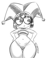 artist_signature black_hair breasts cameltoe female glitch_productions greyscale huge_ass jester jester_hat pomni pomni_(beach_outfit) pomni_(the_amazing_digital_circus) shortstack small_breasts squishcap_(artist) swimsuit the_amazing_digital_circus thick_thighs thong tubetop unusual_pupils wide_hips