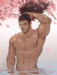 1boy amo9612 league_of_legends male male_only muscle naked partially_submerged shirtless spirit_blossom water yasuo