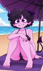 ai_generated beach beach_background beach_towel black_bikini demon_girl demon_horns demon_tail female jellybean jellybean_(mcyt) jellybean_(youtube) jellybean_(youtuber) mcyt minecraft minecraft_youtubers twitch twitch.tv twitch_streamer twitter twitter_username under_umbrella youtube youtuber youtubers
