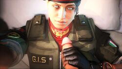 1boy 1girls 3d akatomasu alibi_(rainbow_six) blue_eyes brown_hair clothed clothing eye_contact hand_on_head handjob military military_uniform pov rainbow_six rainbow_six_siege source_filmmaker tagme tom_clancy