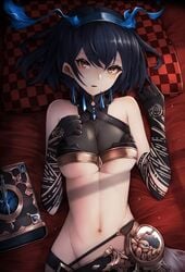 alice_(sinoalice) bedroom blue_hair book female looking_at_viewer mage medium_breasts on_bed short_hair sinoalice skimpy_clothes underboob