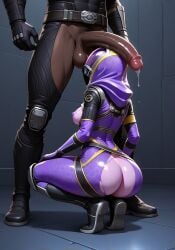 ai ai_generated ass balls balls_in_face balls_on_face balls_worship bodysuit breasts bubble_butt cock_worship cum dark-skinned_male dark_skin dark_skinned_male dominant_human dominant_male human imminent_oral mass_effect nipples penis penis_on_face penis_on_head penis_worship precum purple_skin quarian ripped_bodysuit ripped_clothing squatting submissive_alien submissive_female tali'zorah_nar_rayya torn_bodysuit torn_clothing video_games visor