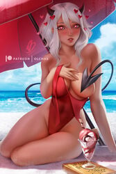 1girls beach big_breasts breasts cleavage female female_only heart-shaped_pupils helltaker large_breasts looking_at_viewer modeus_(helltaker) olchas one_breast_out pinup solo straight_hair swimsuit swimsuit_removed umbrella