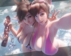 2girls 3d 3d_(artwork) asian asian_female big_breasts bikini blizzard_entertainment blurry_background boat bottopbot2 breasts british british_female brown_eyes brown_hair busty cloud d.va duo duo_female european european_female female females_only giantess hana_song hand_gesture headset holding_object human human_only korean korean_female lena_oxton looking_at_viewer multicolored_bikini multicolored_swimsuit neckwear outdoors overwatch overwatch_2 peace_sign pink_bikini pink_swimsuit scrag_d.va scrag_tracer short_hair smile standing swimsuit three-quarter_portrait three-quarter_view toothy_grin tracer water