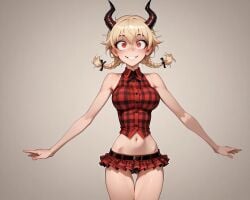 ai_assisted ai_generated belt big_breasts blonde_female blonde_hair horn horns medium_breasts midriff pigtails red_eyes short_hair skinny skirt