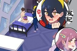 1boy 2girls @_@ anger_vein bed bedroom black_hair blush boris_(noborhys) brown_hair carmine_(pokemon) censored character_censor clenched_hands clothed_female_nude_male completely_nude female florian_(pokemon) hairband highres holding holding_jacket holding_unworn_clothes indoors jacket kneeling koraidon lacey_(pokemon) looking_at_another male mole mole_under_eye multicolored_hair multiple_females multiple_girls novelty_censor nude open_mouth pink_hair pokemon pokemon_sv red_hair scolding sweatdrop two-tone_hair unworn_jacket v-shaped_eyebrows walking yellow_eyes yellow_hairband