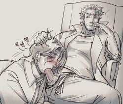 2boys abuse_of_power ahoge alternate_universe angry_vein belt_unbuckled belt_undone blowjob blush blush_lines bobbing_head cigar cigar_in_mouth cigar_smoke curly_(mouthwashing) deepthroat disgusted disgusted_look dominant dominant_male enjoying_rape facial_hair fly_open fully_clothed gay giving_head gripping_hair hair_antennae hairy_arms hand_in_hair happy_trail heart-shaped_pupils heart_eyes hearts_around_head hearts_in_eyes hi_res holding_hair janitor jimmy_(mouthwashing) kinktober kinktober_2025 legs_spread lidded_eyes looking_down looking_down_at_partner male male_only manspreading monochrome mouthwashing movement_lines on_ground oral oral_penetration oral_sex partially_clothed penis penis_in_mouth popped_collar punishment punishment_sex sitting_on_chair smoking smoking_cigar squinting submissive submissive_male sucking_off sucking_penis technically_rape throat_fuck turtleneck unzipped_fly unzipped_pants vein yaoi zzoupz