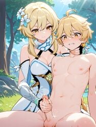 aether_(genshin_impact) ai_generated astrocreep brother_and_sister choking female femdom genshin_impact handjob incest lumine_(genshin_impact) stable_diffusion