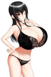 1girls arm_on_hip belly belly_button big_breasts birthmark blush blushing bra cute dark_hair female female_only huge_breasts long_hair one_eye_closed panties red_eyes solo solo_female white_background