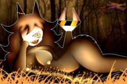 big_breasts black_skin breasts female forest_background fundamental_paper_education fur halloween halloween_2025 miss_circle_(fundamental_paper_education) nipples nyrezu smiling thicc_ass thicc_butt thicc_thighs thick_ass thick_butt thick_thighs wendigo yellow_background yellow_eyes