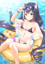 animal_ear_fluff animal_ears ayase-mio bare_shoulders bikini black_bikini black_swimsuit cat_girl cat_tail caustics choker drill_hair eyewear_on_head female garter hand_on_eyewear high_resolution innertube kyaru_(princess_connect) leg_garter long_hair looking_at_viewer low_twintails multicolored_hair nekomimi off_shoulder princess_connect! princess_connect!_re:dive see-through smile solo streaked_hair sunglasses swimsuit tail thighs tied_hair twin_drills twintails very_long_hair water wet wrist_cuffs