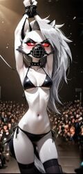 ai_generated anthro arms_up auction belly_button bikini blush breasts captured chains collar crowd female feminine_body furry gagged grey_hair helluva_boss helpless loona_(helluva_boss) muzzle_(object) muzzled on_display perky_breasts red_eyes restrained slim_waist stage stretching white_fur wolf wolf_girl