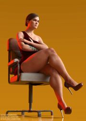 3d bare_legs blue_eyes breasts busty calves dress ellie_(the_last_of_us) ellie_williams female female_focus female_only grimmspring high_heels hourglass_figure naughty_dog platform_heels short_dress sitting skimpy_dress small_breasts tagme tattoo the_last_of_us the_last_of_us_2 thick_legs wide_hips