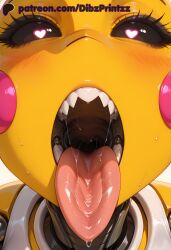 ai ai_assisted ai_generated android anime artist_name black_sclera blush chica_(fnaf) close-up close_up close_up_face close_up_view closeup closeup_view colored_sclera colored_skin cyborg dibzprintz drooling face_close-up face_close_up face_closeup face_focus female five_nights_at_freddy's five_nights_at_freddy's_2 fnaf heart heart-shaped_pupils hi_res high_quality high_resolution highres joints jumpscare looking_at_viewer mouth_close-up mouth_close_up mouth_closeup open_mouth open_mouth_tongue-out open_mouth_tongue_out oral_invitation patreon_username portrait robot_joints saliva sharp_teeth solo sweat symbol-shaped_pupils teeth tongue tongue_out tongue_out_open_mouth toy_chica_(fnaf) uvula watermark web_address yellow_skin