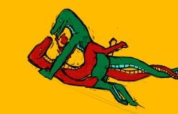 absurd_res anthro duo dwarf_dragon fancypenguin32 feral green_body hi_res looking_at_another lying male male/male on_back raised_hips red_body wrapped_tail