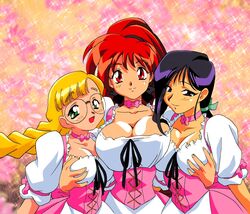 3girls 90s :3 :d akira_(viper) anna_miller bare_shoulders blonde_hair blue_eyes blue_hair bow braid breast_grab breast_squish breasts choker cleavage clothed clothing corset eyebrows_visible_through_hair female female_only field flower flower_field frills fully_clothed girl_sandwich glasses green_eyes hair_ribbon highres karin_(viper) kimura_takahiro large_breasts long_hair long_ponytail long_twintails looking_at_viewer low_ponytail medium_breasts multiple_girls nipple_bulge official_art open_mouth pink_clothing ponytail red_eyes red_hair ribbon ribbon_choker saki_(viper) sandwiched shiny skirt smile sogna teeth tied_hair tongue twin_braids twintails uniform viper_(series) viper_v16 waitress white_clothing yuri