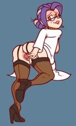 anus ass breasts chipposter clothed female female_only glasses grey_hair greying_hair high_heels labcoat lipstick mega_man mega_man(classic) nipples noele_lalinde older_female purple_hair pussy simple_background smile spreading stockings two_tone_hair