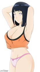 armpits arms_behind_head arms_up big_breasts bob_cut boruto:_naruto_next_generations busty cleavage female female_only hyuuga_hinata looking_at_viewer naruto panties purple_hair simple_background tank_top underwear violet_eyes white_background zorzero