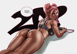 1girls ass big_ass big_breasts big_butt blue_eyes breasts bubble_(dandon_fuga) bubble_ass bubble_butt dandon_fuga dark-skinned_female dark_skin female female_only looking_at_viewer looking_back muscles muscular muscular_female original original_character panties pink_hair playing_videogame solo tagme talking_to_viewer text text_bubble video_game video_games